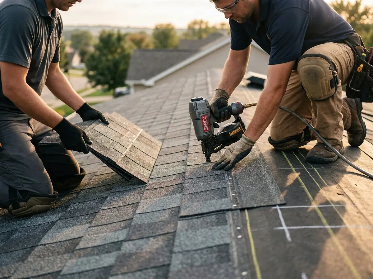 Professional roofer working on a residential roof in Virginia Beach